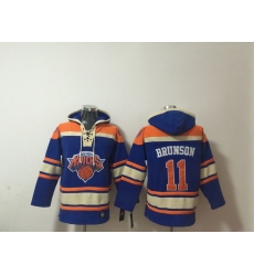 Men New Yok Knicks  11 Jalen Brunson Blue Lace Up Pullover Hoodie