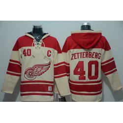 Men Detroit Red Wings 40 Henrik Zetterberg Cream Sawyer Hooded Sweatshirt Stitched NHL Jersey