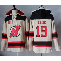 Men New Jersey Devils 19 Travis Zajac Cream Sawyer Hooded Sweatshirt Stitched NHL Jersey