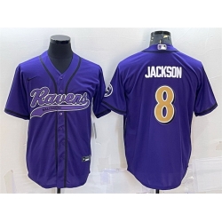 Men Baltimore Ravens 8 Lamar Jackson Purple Gold With Patch Cool Base Stitched Baseball Jersey