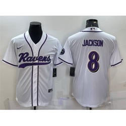 Men Baltimore Ravens 8 Lamar Jackson White With Patch Cool Base Stitched Baseball Jersey