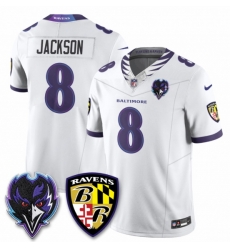 Men Baltimore Ravens Lamar Jackson #8 White F U S E Ravens Patch Stitched Jersey