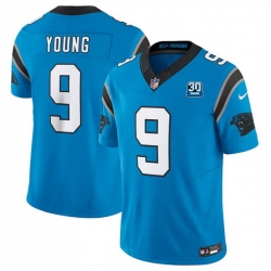 Men Carolina Panthers 9 Bryce Young Blue 2024 30th Anniversary Patch F U S E  Vapor Limited Stitched Football Jersey