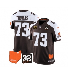 Men Cleveland Browns 73 Joe Thomas Brown White 2023 F U S E  With Jim Brown Memorial Patch And 4 Star C Patch Vapor Untouchable Limited Stitched Jersey