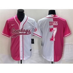 Men Dallas Cowboys 7 Trevon Diggs Pink White Split Cool Base Stitched Baseball Jersey