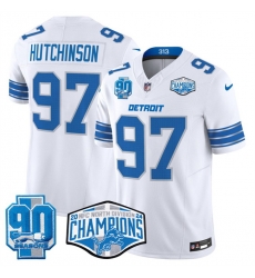 Men Detroit Lions 97 Aidan Hutchinson White 2024 NFC North Champions 90th Anniversary Patch F U S E  Vapor Limited Stitched Jersey