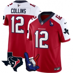 Men Houston Texans 12 Nico Collins Red White 2023 F U S E  With Hand Sign Throwing Up The H Patch Vapor Untouchable Limited Stitched Football Jersey