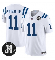 Men Indianapolis Colts 11 Michael Pittman Jr  White 2025 F U S E  Jim Irsay Patch Vapor Limited Stitched Football Jersey