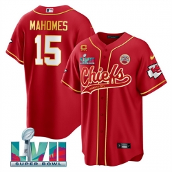 Men   Kansas City Chiefs 15 Patrick Mahomes Red With 4 Star C Patch And Super Bowl LVII Patch Cool Bae Stitched Baseball Jersey