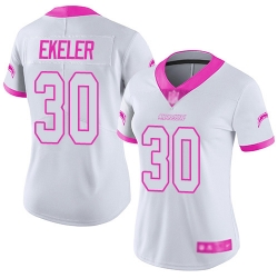 Women Chargers 30 Austin Ekeler White Pink Stitched Football Limited Rush Fashion Jersey