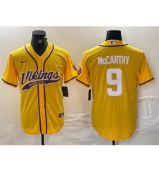 Men Minnesota Vikings 9 J J  McCarthy Yellow Cool Base Stitched Baseball Jersey