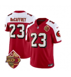 Men San Francisco 49ers 23 Christian McCaffrey Red White 2023 F U S E  50th Patch Throwback Stitched Football Jersey