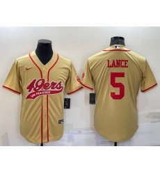 Men San Francisco 49ers 5 Trey Lance Gold Cool Base Stitched Baseball Jersey