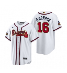 Men Atlanta Braves 16 Travis D'Arnaud White 2022 23 Gold Cool Base Stitched Baseball Jersey