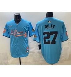Men Atlanta Braves 27 Austin Riley Blue 2024 Atliens Peach With Outkast Patch Vapor Limited Stitched Baseball Jersey Men Atlanta Braves 27 Austin Riley Blue 2024 Atliens Peach With Outkast Patch Vapor Limited Stitched Baseball Jersey