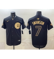 Men Chicago Cubs  7 Dansby Swanson Black Gold 150th Anniversary Patch Stitched Baseball Jersey
