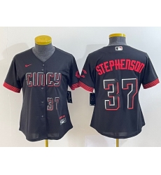 Women Cincinnati Reds 37 Tyler Stephenson Black 2023 City Connect With Patch Stitched Baseball Jersey