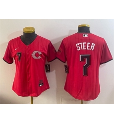 Women Cincinnati Reds 7 Spencer Steer Red 2026 City Connect Stadium Stitched Baseball Jersey Women Cincinnati Reds 7 Spencer Steer Red 2026 City Connect Stadium Stitched Baseball Jersey