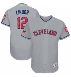 Mens Majestic Cleveland Indians 12 Francisco Lindor Grey Stars Stripes Collection 2018 World Series Jersey Flex Bas