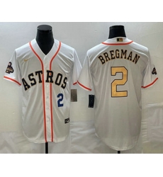 Men's Houston Astros #2 Alex Bregman Number 2023 White Gold World Serise Champions Patch Cool Base Stitched Jersey