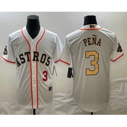 Men's Houston Astros #3 Jeremy Pena 2023 White Gold World Serise Champions Patch Cool Base Stitched Jerseys