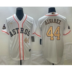 Men's Houston Astros #44 Yordan Alvarez Number 2023 White Gold World Serise Champions Patch Cool Base Stitched Jersey 2