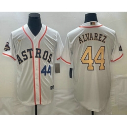 Mens Houston Astros #44 Yordan Alvarez Number 2023 White Gold World Serise Champions Patch Cool Base Stitched Jersey