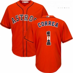 Mens Majestic Houston Astros 1 Carlos Correa Authentic Orange Team Logo Fashion Cool Base MLB Jersey