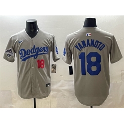 Men Los Angeles Dodgers 18 Yoshinobu Yamamoto Grey 2025 World Series Champions Patch Limited Stitched Baseball Jersey