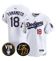 Men Los Angeles Dodgers  18 Yoshinobu Yamamoto White 2026 Vin   Kobe Patch Gold Trim Vapor Premier Limited Stitched Baseball Jersey