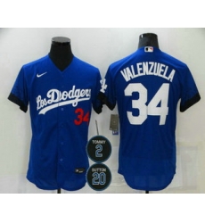 Men Los Angeles Dodgers 34 Fernando Valenzuela Blue 2 20 Patch City Connect Flex Base Stitched Jersey