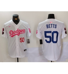 Men Los Angeles Dodgers 50 Mookie Betts White Pink Vin  26 Kobe Patch Stitched Baseball Jersey 1