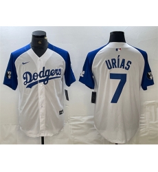 Men Los Angeles Dodgers 7 Julio Ur EDas White Blue Vin Patch Cool Base Stitched Baseball Jersey