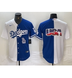 Men Los Angeles Dodgers Team Big Logo White Blue Split Cool Base Stitched Baseball Jersey 7