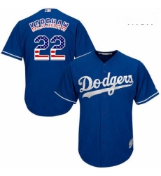 Mens Majestic Los Angeles Dodgers 22 Clayton Kershaw Replica Royal Blue USA Flag Fashion Cool Base MLB Jersey