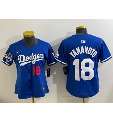 Women Los Angeles Dodgers 18 Yoshinobu Yamamoto Royal 2025 World Series Champions Patch Limited Stitched Baseball Jersey 