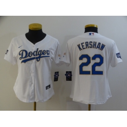 Ｗomen Los Angeles Dodgers Clayton Kershaw 22 Championship Gold Trim White All Stitched Cool Base Jersey