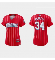 Miami Marlins 34 A J  Burnett Women Nike 2021 City Connect Authentic MLB Jersey Red