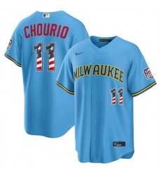 Men Milwaukee Brewers  11 Jackson Chourio Blue 2026 USA 250 Fourth of July Home Stadium Stitched Baseball Jersey