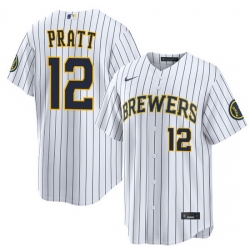 Men Milwaukee Brewers 12 Cooper Pratt Navy White Strips Stitched Baseball Jersey