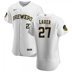 Men Milwaukee Brewers 27 Eric Lauer Men Nike White Home 2020 Flex Base Player MLB Jersey