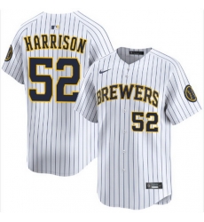 Men Milwaukee Brewers Kyle Harrison #52 Home White Strips Stitched Limited Jersey Men Milwaukee Brewers Kyle Harrison #52 Home White Strips Stitched Limited Jersey
