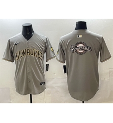 Men Milwaukee Brewers Team Big Logo Grey Home Limited Stitched Jersey Men Milwaukee Brewers Team Big Logo Grey Home Limited Stitched Jersey