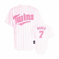 Womens Majestic Minnesota Twins 7 Joe Mauer Replica WhitePink Strip MLB Jersey