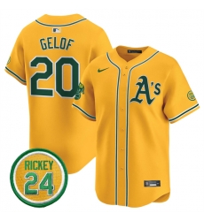 Men Oakland Athletics 20 Zack Gelof Yellow 2024 Limited With Rickey Henderson Patch Stitched Jersey