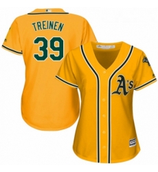 Womens Majestic Oakland Athletics 39 Blake Treinen Replica Gold Alternate 2 Cool Base MLB Jersey 