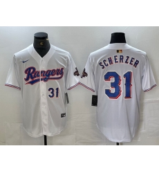 Men Texas Rangers 31 Max Scherzer White Gold Cool Base Stitched Baseball Jersey 4