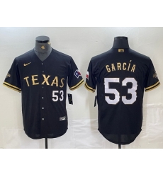 Men Texas Rangers 53 Adolis Garcia Black Gold Cool Base Stitched Baseball Jersey