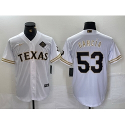 Men Texas Rangers 53 Adolis Garcia White Gold Cool Base Stitched Baseball Jersey