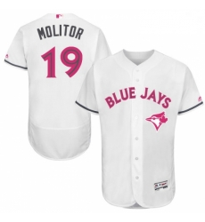 Mens Majestic Toronto Blue Jays 19 Paul Molitor Authentic White 2016 Mothers Day Fashion Flex Base MLB Jersey